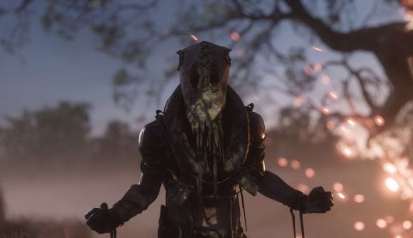 A scary new hunter in Hunt: Showdown, wearing a mask and apparently screaming at the camera