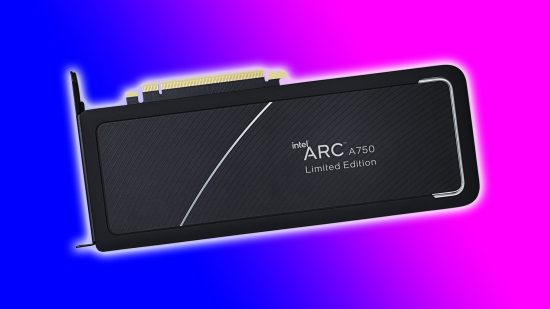 Intel Arc A750 graphics card with blue and pink backdrop