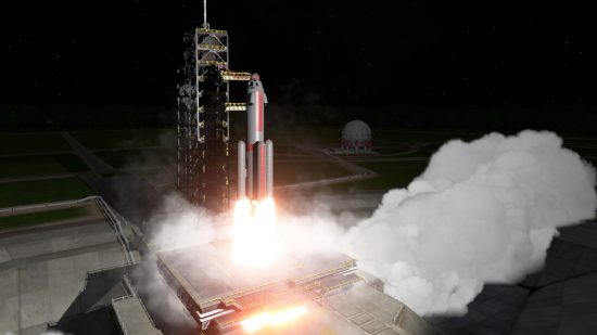 Kerbal Space Program 2: A rocket taking off surrounded by smoke