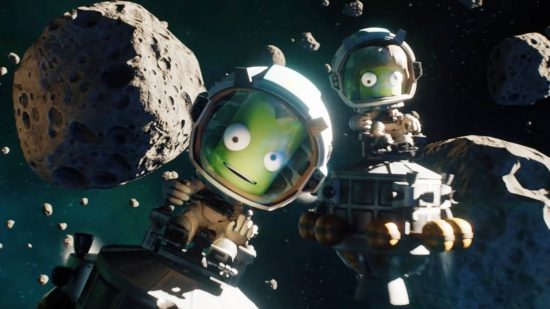 Kerbal Space Program 2 early access preview: Two small aliens in space suits floating around meteors