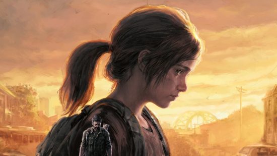 The Last of Us PC launch delayed: A profile of Ellie, her hair in a ponytail and gaze cast downward against the yellow evening sky and the ruins of a city in the background