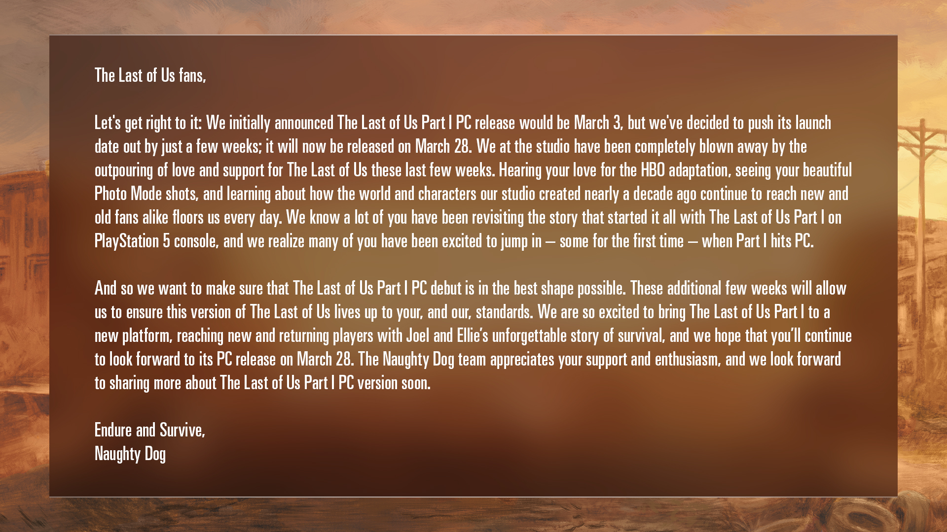 Ein Ankündigungsbild, das The Last of Us Part I PC bestätigt, wird nun am 28. März veröffentlicht.