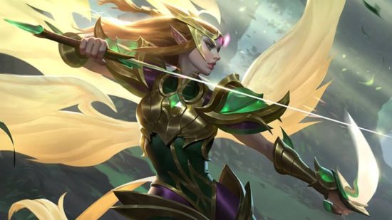 An elf woman with long blond hair wearing green and gold armour with a golden visor holding a sword as her golden wings swirl around her