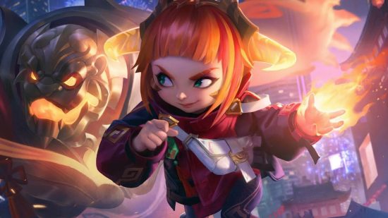 League of Legends Annie nerfs incoming as tyrannical tyke rules mid: A young child with a red bob in a red and white jacket holding a fireball with a huge golden beast in the background