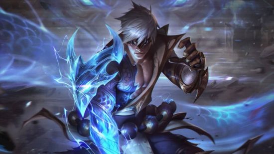 League of Legends Aurelion Sol ult spawns Lee Sin, because why not: A shirtless man with choppy white hair wearing a golden mask charges up a punch using the spirit of a clue Chinese dragon that is coiled around him