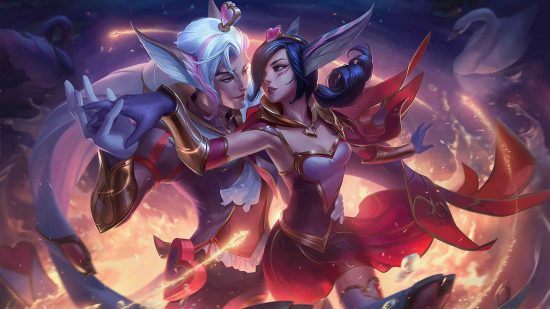 Cringe League of Legends botlane duos will love the upcoming mode: A man with white hair and pointed fox like ears dances with a woman with black hair and pointed ears surrounded by golden magic