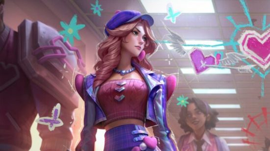 League of Legends patch notes - 13.3 brings Aurelion Sol, Ahri reworks: A white girl with blonde hair wearing a blue baseball cap and shiny blue leather jacket with a pink romper underneath stands in a school corridor with love hearts and sparkles drawn around her