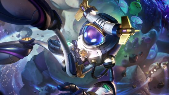 League of Legends patch notes - 13.4 updates a whopping 28 champions: A robotic astronaut with long legs floating in space holding a tiny puppy in an astronaut costume