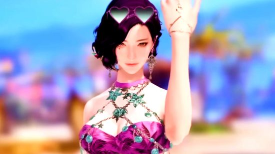 Lost Ark Anniversary update - a character in a stylish pink bathing suit, pink-rimmed heart sunglasses perched on her head