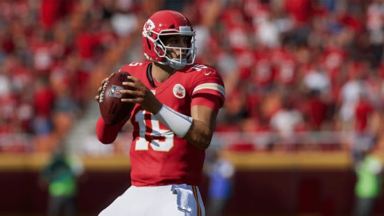 Madden 23 Game Pass: Kansas City Chiefs quarterback Patrick Mahomes prepares to throw a pass in Madden NFL 23