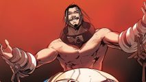 Mageseeker A League of Legends Story ignites old feuds later this year: A white shirtless man wearing a huge brass collar with long black hair and a black goatee celebrating with open arms on a red background