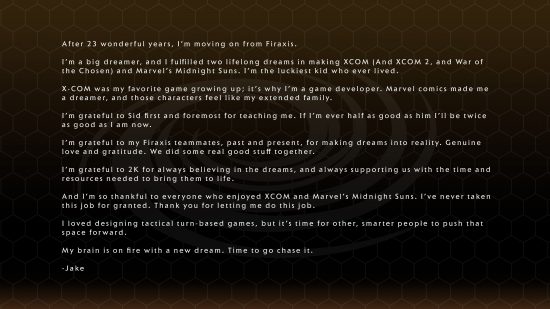 Midnight Suns, Civilization and XCOM icon Jake Solomon leaves Firaxis: A Twitter statement about strategy game developer Jake Solomon leaving Firaxis