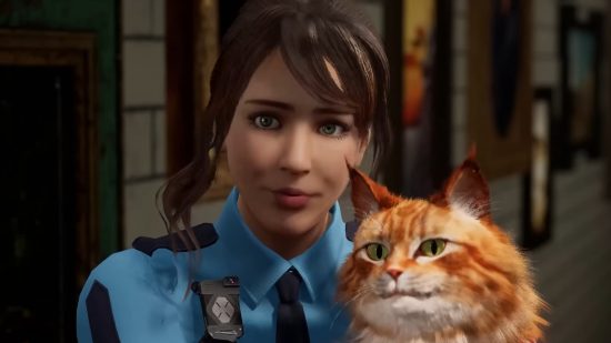 Metal Gear Solid 5's Quiet is back, but not as you'd expect: A white woman with brown hair tied back in a ponytail wearing police gear looks into the camera smiling holding a fluffy ginger cat