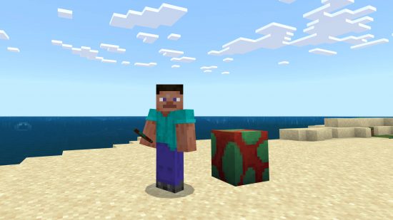 Steve is standing on a beach next to a Minecraft Sniffer egg.