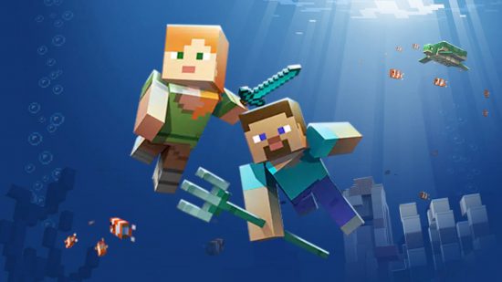 Minecraft system requirements: Alex (left) and Steve (right), swim in a blocky blue ocean, each equipped with a diamon sword and trident, respectively
