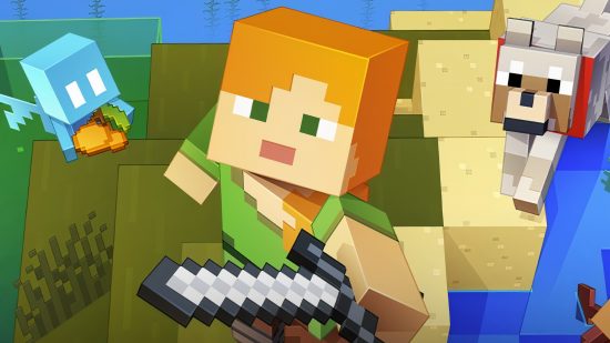 Minecraft update will bring beautiful new biome, with extra wood: A hero with red hair holds aloft a sword in Mojang building game Minecraft