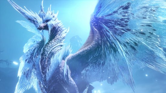 Monster Hunter Rise Sunbreak Title Update 4: The elder dragon Velkhana spreads its icy wings and is covered in sharp shards of ice that form a massive horn on the front of its face