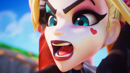 Multiversus Steam numbers hit new low, with daily players down 99%: A woman with face paint and an angry expression, Batman villain Harley Quinn, in fighting game Multiversus