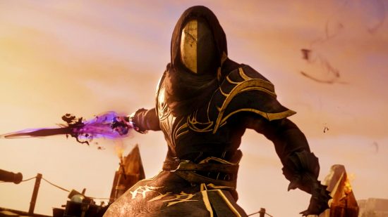 New World kicks off inaugural season with sparkly new battle pass: A masked man with a black hood and a long black and gold cloak holds a knife glowing with purple and black energy