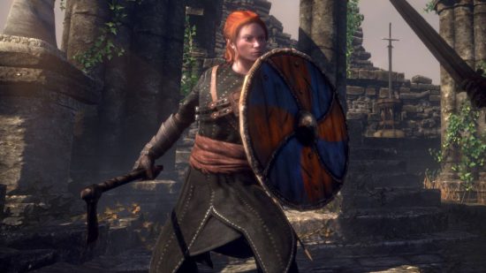 New Steam MMO quadruples player count in 24 hours, and it's a steal: A ginger white woman with a circular shield defends herself