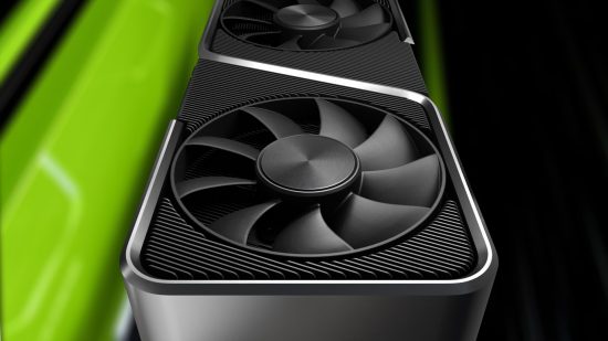 Nvidia RTX 4070 launch rumours: GeForce graphics card with RTX 4000 blurred artwork as backdrop