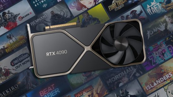 Nvidia RTX 4090 with Steam art backdrop