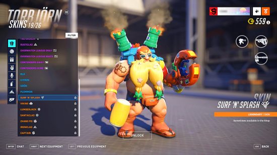 Overwatch 2 Credits - hero screen for Torbjörn showing his beach-themed Surf 'N' Splash outfit