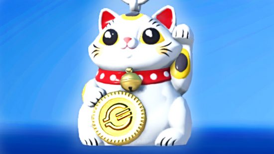 Overwatch 2 season 3 credits confusion - a white Maneki-Neko cat trinket holding a golden overwatch coin with the Credits logo on it