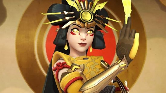 Overwatch 2 Tier List: Kiriko som visas i hennes amaterasu -legendariska hud som en del av Overwatch 2 säsong 3 -tema för asiatisk mytologi, bär en detaljerad huvudbonad i imitation av solen och håller en gyllene talisman före henne