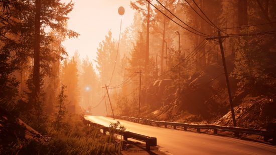 Pacific Drive trailer: A mountain highway in the Pacific Northwest is seen under eerie orange light - a weather balloon of some kind floats above the treetops, tethered to a machine just over a rise in the road.