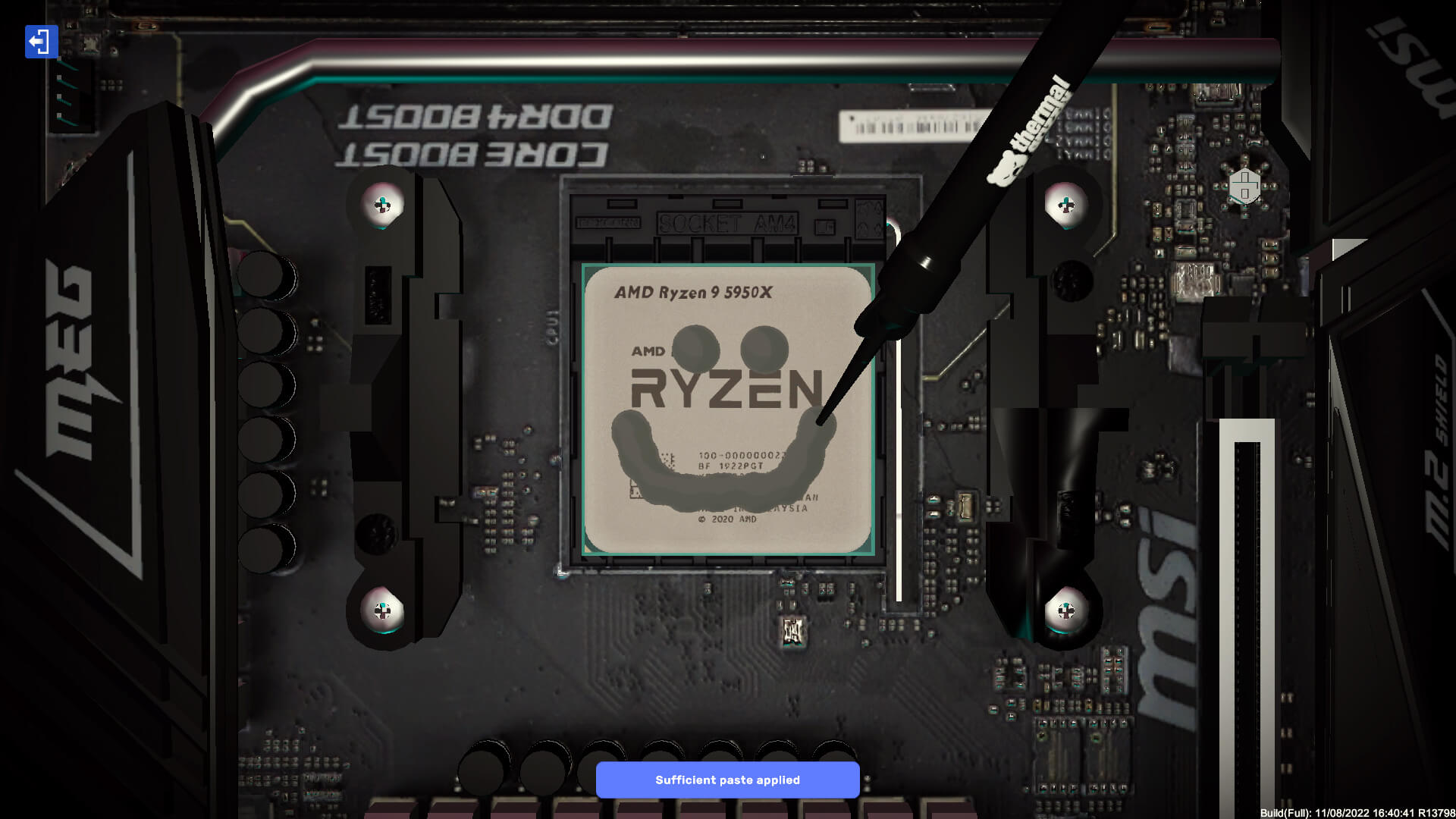 A screenshot from PC Building Simulator 2, in which a AMD Ryzen processor can be seen in a motherboard, with thermal paste on top of it that's been drawn in a way to resemble a smiling face