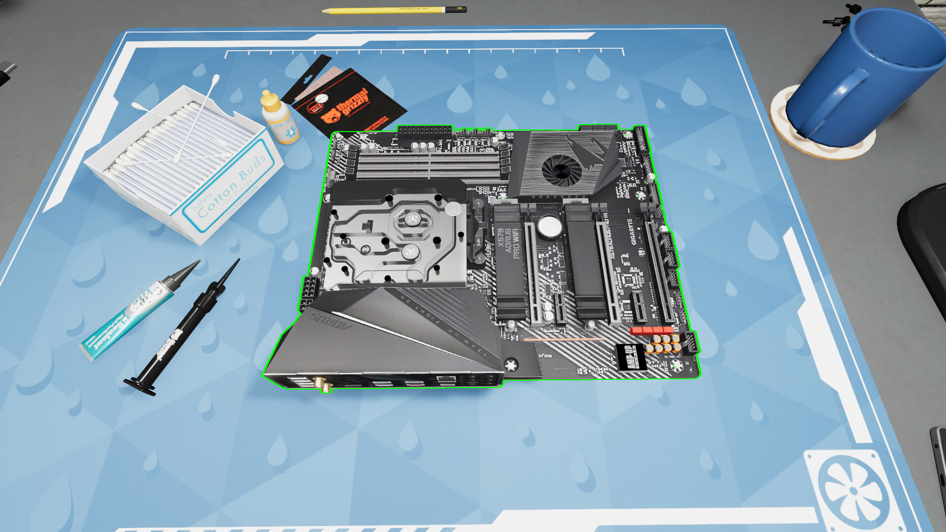 A screenshot from PC Building Simulator 2, in which an empty motherboard rests on a desk, surrounded by paraphernalia such as thermal paste