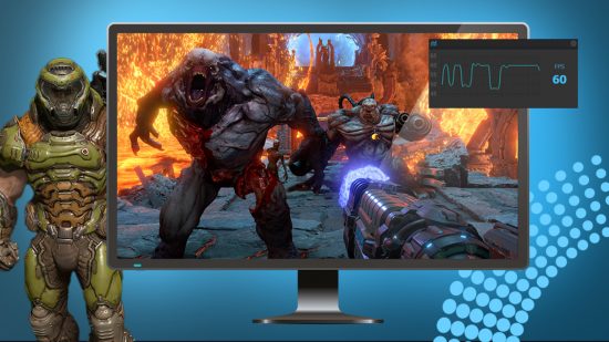 PC Game Benchmark FPS Monitor app - a PC monitor with Doom Eternal running on it, with an FPS counter graph and the Doom Marine on either side of the screen