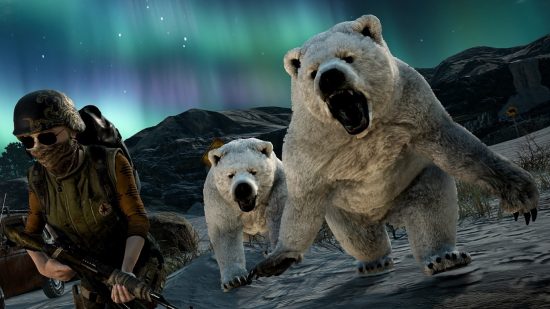 PUBG: Battlegrounds Bears: A woman in tactical combat gear and dark sunglasses flees from a menacing pair of polar bears with the aurora borealis in the night sky behind them.
