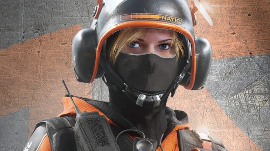 Rainbow Six Siege MouseTrap anti-cheat targets pesky spoofers: A blonde woman with blue eyes wearing a black mask and a black helmet rimmed in orange with 'Fnatic' written on it and a radio on her shoulder