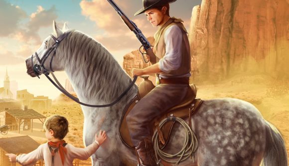 Red Dead Redemption meets Cities Skylines in Steam builder, out now: A cowboy on horseback, holding a rifle, alongside his son, in Steam building game Wild West Dynasty