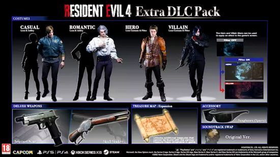 Resident Evil 4 Remake Deluxe Edition - graphic showing all the bonus items, including costumes, weapons, and a treasure map saying, 'Unlocks additional treasures that cannot be found with the various treasure maps obtainable in game'