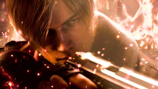 Resident Evil 4 Remake removes RE4 exploit: a man with long hair, Leon Kennedy, holds a pistol among rising flames