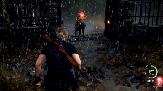 Resident Evil 4 remake release date: Leon runs after a Ganado on a trail while carrying Ashley on his back.