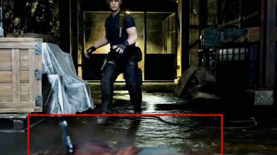 Resident Evil 4 Remake trailer hides a worrying easter egg: A screen grab from the Resident Evil 4 Remake trailer showing Leon and a red highlight box