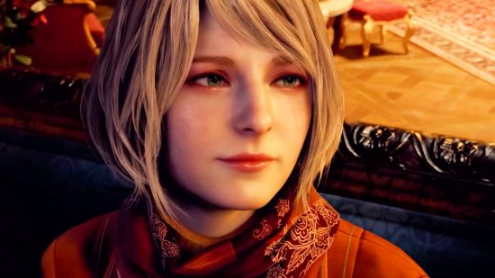 Resident Evil 4 Remake trailer hides a worrying easter egg: A young woman with blonde hair and an orange outfit, Ashley from Resident Evil 4, smiles warmly