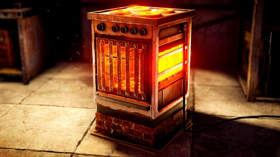 Rust Industrial update - an electric furnace burning intensely on a tiled floor
