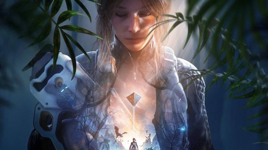 The Scars Above reviews are even more split than Atomic Heart: A brown haired woman wearing a combat jacket and best top surrounded by palm-like foliage looks down at a small pyramid placed in her chest which opens into an alien landscape