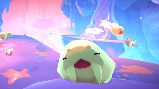 Slime Rancher update review Song of the Sabers: A saber slime slimes, as another behind it chases a thundercluck chicken