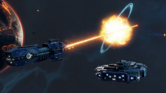 Sins of a Solar Empire 2 multiplayer: A large, dark-blue capital frigate fires a white-hot beam of energy at another ship, blowing it up in a massive explosion that is sending a blue energy ring out from the point of detonation