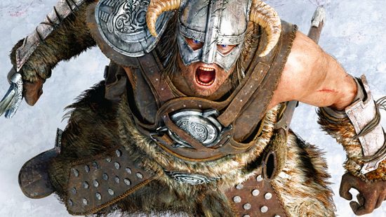 Skyrim mod finally lets the Dragonborn talk, with 7,000 spoken lines: A warrior in a horned helmet, the Dragonborn from Skyrim, screams towards the sky