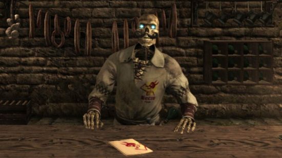 Skyrim mod answers the question “what if skeletons sold pizza?”: a skeleton with a moustache stands behind a counter, with a menu in front of them