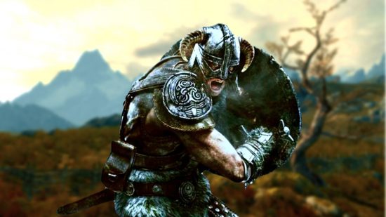 Skyrim Steam sale the perfect excuse to play one of the best PC games: man in fantasy armour ready's a sword with a blurred background of a tundra