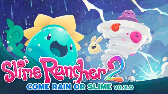 The Tangle slime and the Dervish slime in the key art for the Slime Rancher 2 Come Rain or Shine update.