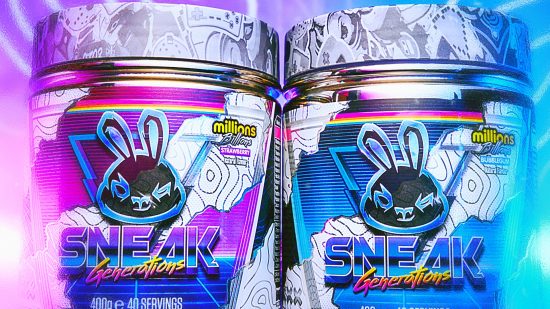 Sneak Energy tubs standing side by side - one with Starwberry Lemonade powder in it, one with Bubblegum Lemonade powder in it.
